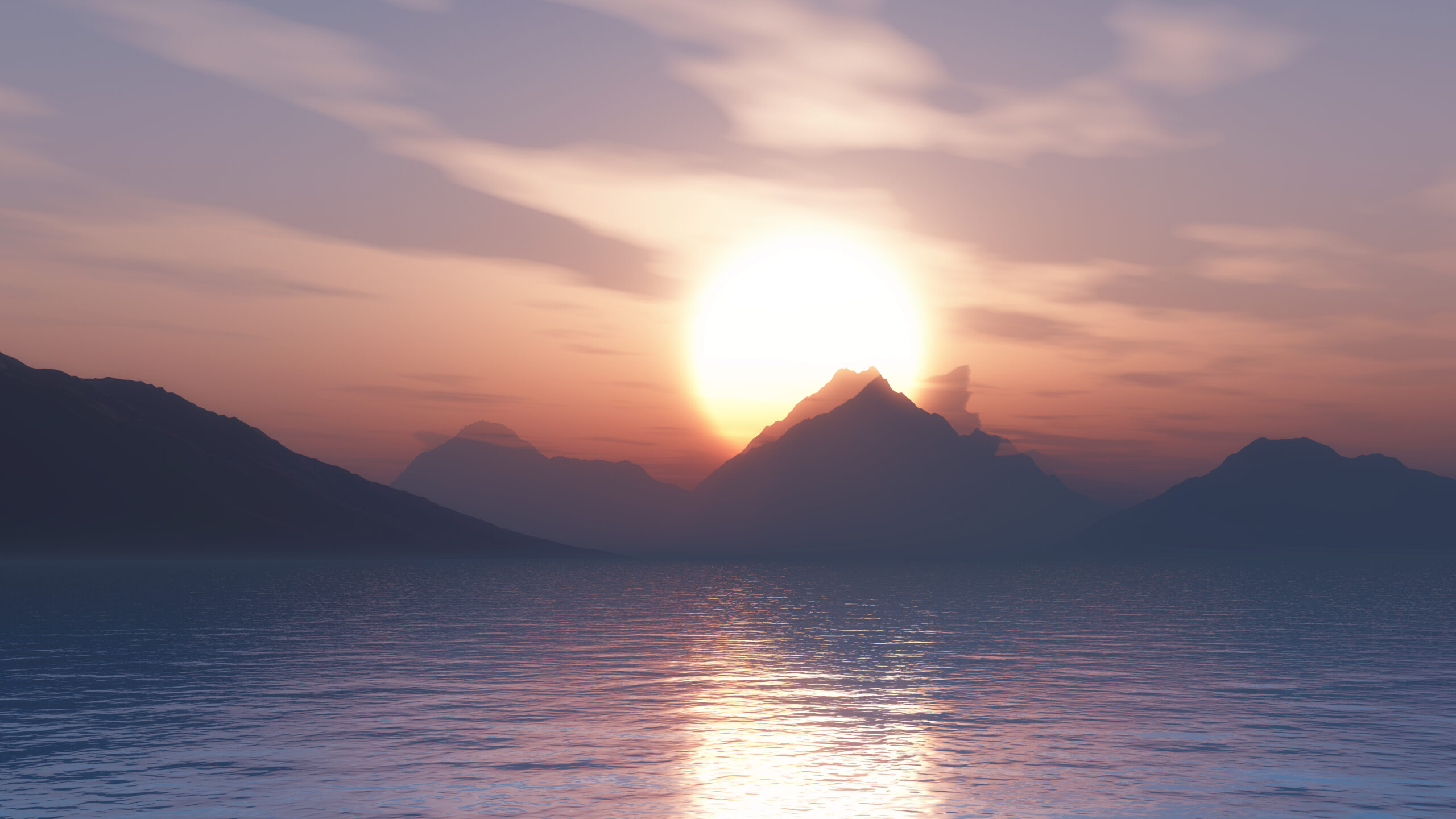 3D mountains against a sunset sky